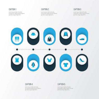 Spor ayakkabı, gömlek, sabahlık ve diğer kapüşonlu kıyafetlerle renklendirilmiş simgeler. İzole edilmiş illüstrasyon kıyafet simgeleri.