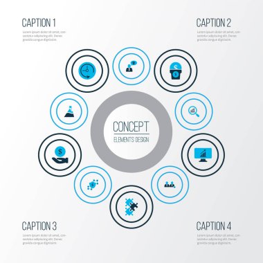 İş simgeleri, bulmacalı, parlak fikirli, el parasıyla finans elemanları. İzole edilmiş resimleme çalışma simgeleri.
