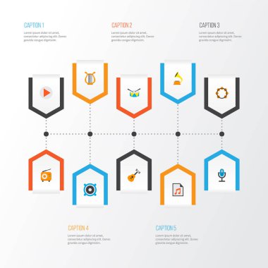 Perküsyon, çalma listesi, gitar ve diğer ritm elemanlarıyla ses simgeleri düzleştirildi. İzole edilmiş illüstrasyon ses simgeleri.