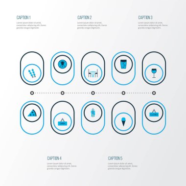 Restoran ikonları pizza, şarap kadehi, WC ve diğer yemek odası elementleriyle renklendirilmiş. İzole edilmiş illüstrasyon restoran simgeleri.