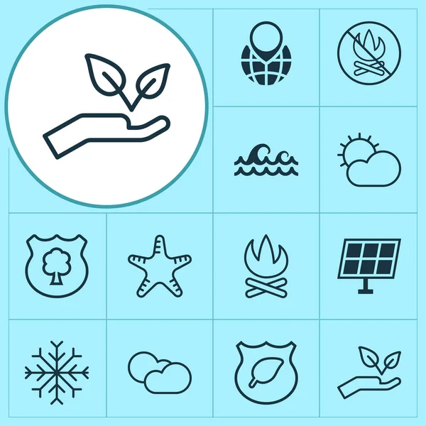 Eco-friendly icons set with no bonfire, protect ecology, cloudy weather and other fire banned elements. Isolated illustration eco-friendly icons.