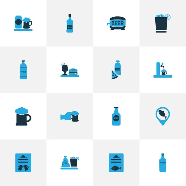 Conjunto de iconos de bebidas coloreadas con geolocalización, botella de vino, barril de cerveza y otros elementos de ron. Iconos de bebida de ilustración aislada. —  Fotos de Stock