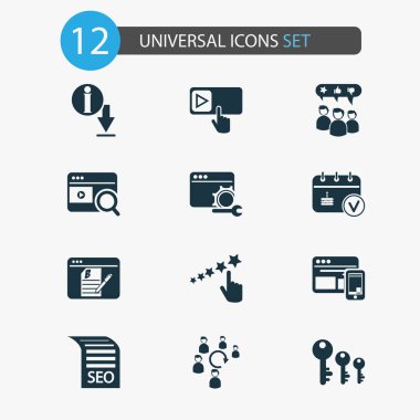 Anahtar sözcük sıralaması, SEO rehberi, müşteri ifadeleri ve diğer anahtar sıralama unsurlarına sahip iş simgeleri belirlendi. İzole vektör illüstrasyon iş simgeleri.