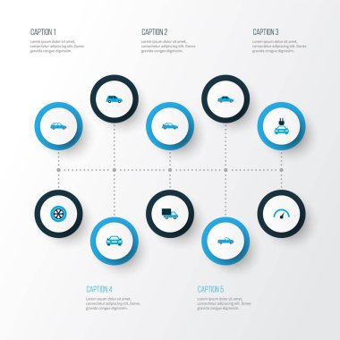 Fiş, otomobil, araba ve diğer minibüs elementleriyle renklendirilmiş araç simgeleri. İzole vektör illüstrasyon araba simgeleri.