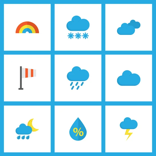 Icone meteo in stile piatto con grandine, nuvoloso, bandiera e altri elementi nuvolosi. Isolato vettoriale illustrazione icone meteo. — Vettoriale Stock