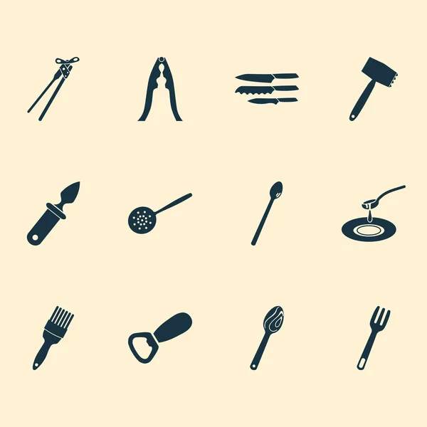 Cutlery icons set with wooden spoon, meat tenderizer, cutlery and other instrument elements. Isolated vector illustration cutlery icons. — Stock Vector