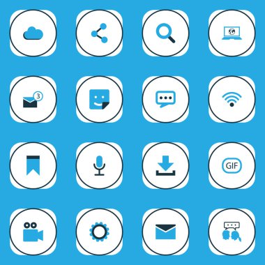 İnternet simgeleri gülümseme, flama, görüntülü sohbet ve diğer diyalog unsurlarıyla renklendirildi. İzole edilmiş illüstrasyon İnternet simgeleri.