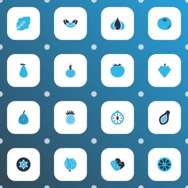 Böbrek fasulyesi, ketçap, karnabahar ve diğer yaprak elementleriyle renklendirilmiş meyve ikonları. Ayrı resimli meyve simgeleri.