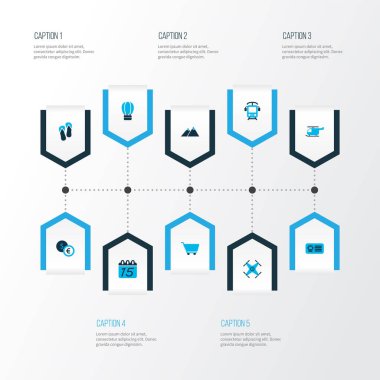 El arabası, takvim, parmak arası terlik ve diğer insansız hava araçları ile turizm simgeleri. İzole edilmiş illüstrasyon turizm simgeleri.