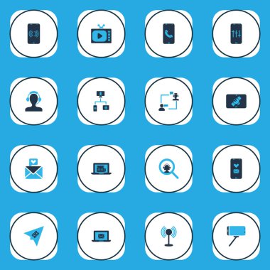 Selfie çubuğuyla renklendirilmiş iletişim simgeleri, müşteri operatörü, internet haberleri ve diğer cep telefonu unsurları. İzole illüstrasyon iletişim simgeleri.