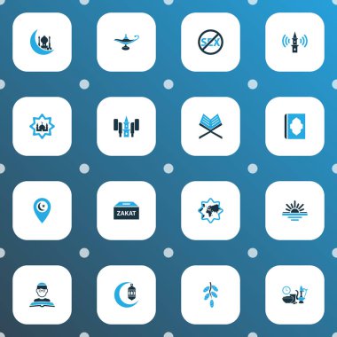 Din simgeleri kutsal kitap, İslam, iftar ve diğer azan unsurlarıyla renklendirilmiş. İzole edilmiş illüstrasyon dini simgeleri.