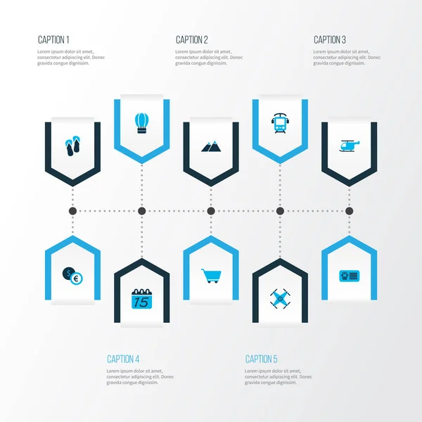 Піктограми туризму, кольоровий набір з візком, календарем, фліп-флоп та іншими елементами безпілотника. Ізольовані ілюстрації туристичних іконок . — стокове фото