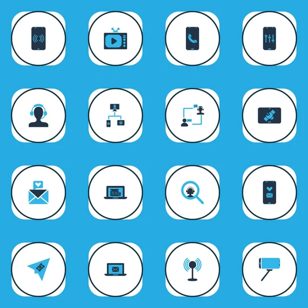 Kommunikations-Symbole farbiges Set mit Selfie-Stick, Bediener mit Kunde, Online-Nachrichten und anderen Handy-Elementen. Isolierte Ikonen der Illustration. — Stockfoto