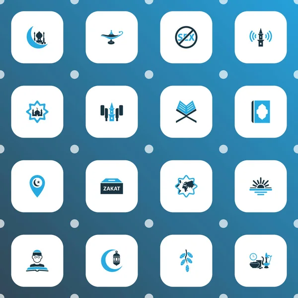 宗教图标与圣书，伊斯兰，花蜜和其他azan元素配色。孤立的图例宗教图标. — 图库照片