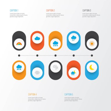 İklim simgeleri, kar fırtınası, duş, bulutlu ve diğer fırtına elementleriyle donatılmış. İzole vektör iklim simgeleri.