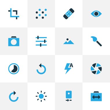 Resim simgeleri desenli, fotoğraflı, yakalayan ve diğer alçı elementlerle renklendirilmiş. İzole vektör illüstrasyon fotoğraf simgeleri.