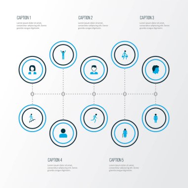 İş adamı, iş kadını, çekici ve diğer kafa unsurları olan insan simgeleri. İzole vektör illüstrasyon insan simgeleri.
