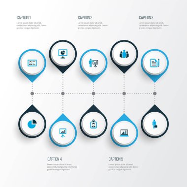 İş simgeleri sunum tahtası, insan, analitik ve diğer kimlik doğrulama unsurlarıyla renklendirildi. İzole vektör çizim simgeleri.