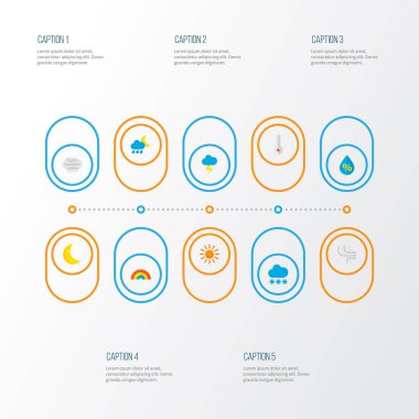 Hava ikonları, kar fırtınası, damlalar, güneşli ve diğer dolu elementleriyle düz bir şekilde dizili. İzole vektör illüstrasyon hava simgeleri.