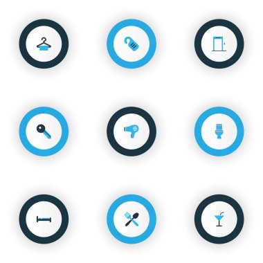 Tatil simgeleri, yatak, kokteyl, anahtar ve diğer restoran unsurlarıyla renklendirilmiş. İzole vektör illüstrasyon tatil simgeleri.