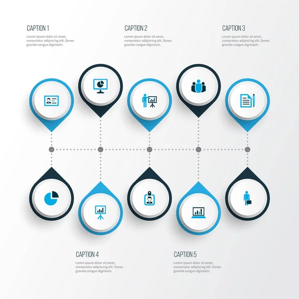 İş simgeleri sunum tahtası, insan, analitik ve diğer kimlik doğrulama unsurlarıyla renklendirildi. İzole vektör çizim simgeleri.