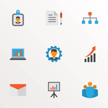 Yapısı, büyüyen grafiği, ekibi ve diğer grup elemanlarıyla ticaret simgeleri düz stil seti. İzole vektör illüstrasyon ticaret simgeleri.