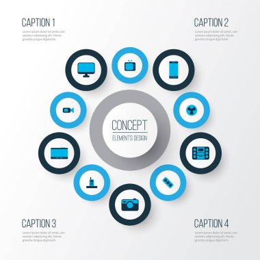 Telefon, tablet, televizyon ve diğer palmtop elementleriyle donanım simgeleri. İzole vektör illüstrasyon donanım simgeleri.