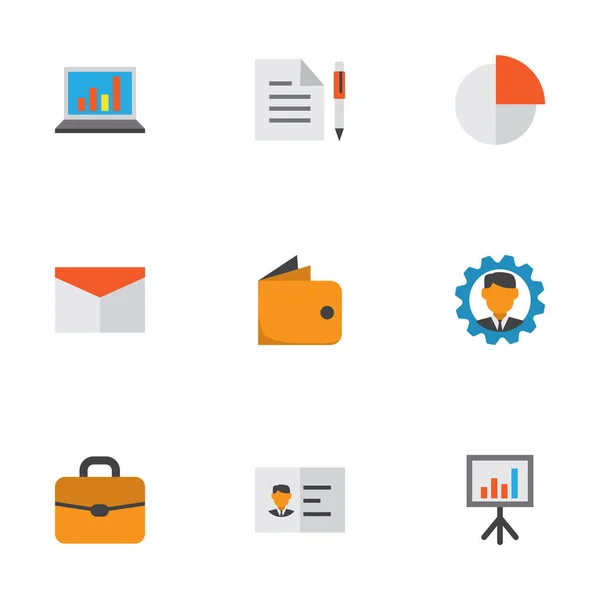 Trade icons flat style set με mail, στατιστικά, πιστοποίηση ταυτότητας και άλλα στοιχεία βαλίτσας. Μεμονωμένα διανυσματικά εικονίδια. — Διανυσματικό Αρχείο