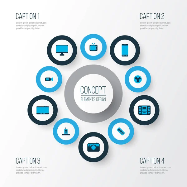 Telefon, tablet, televizyon ve diğer palmtop elementleriyle donanım simgeleri. İzole edilmiş illüstrasyon donanım simgeleri.
