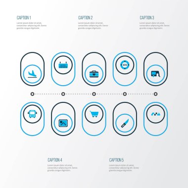 Otobüs, bıçak, taksi ve diğer portföy elementleriyle renklendirilmiş seyahat simgeleri. İzole vektör illüstrasyon yolculuk simgeleri.