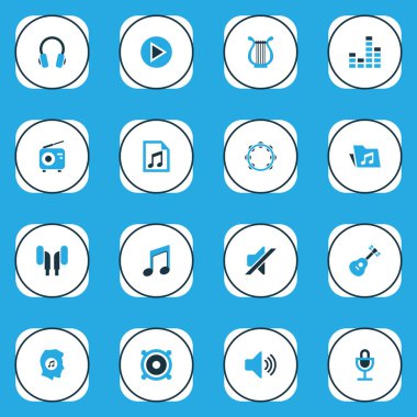 Multimedya simgeleri megafon, mikrofon, ses ve diğer kulaklık elementleriyle renklendirildi. İzole vektör illüstrasyon multimedya simgeleri.