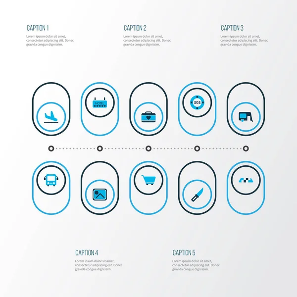 旅行图标彩色集合与总线,刀,出租车和其他组合元素.孤立的图解旅行图标. — 图库照片