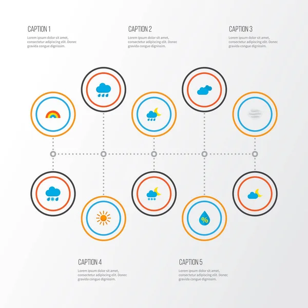 기후 아이콘은 무지개, 구름, 바람 및 다른 태양 요소와 함께 설정 된 평평 한 스타일이다. 따로 떨어진 예의 기상 아이콘. — 스톡 사진