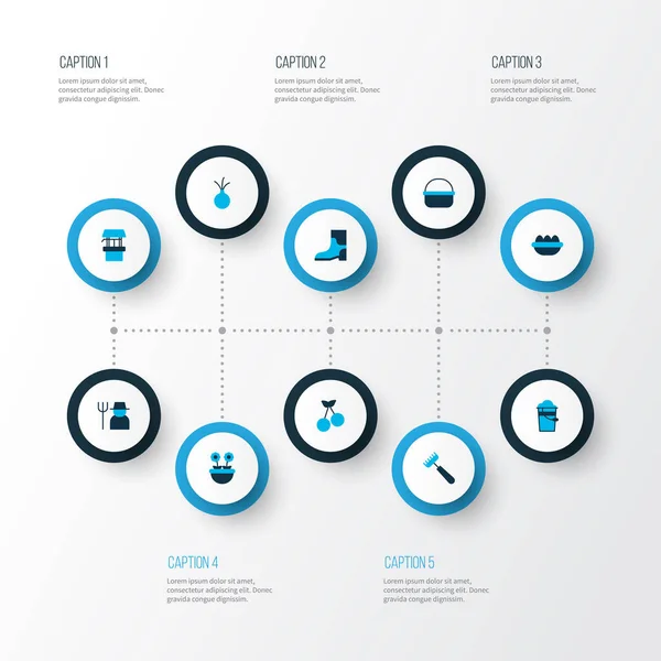 Çiftlik simgeleri iyi çizilmiş, lastik ayakkabılar, kiraz ve diğer kova elementleriyle renklendirilmiş. İzole edilmiş illüstrasyon çiftlik simgeleri.