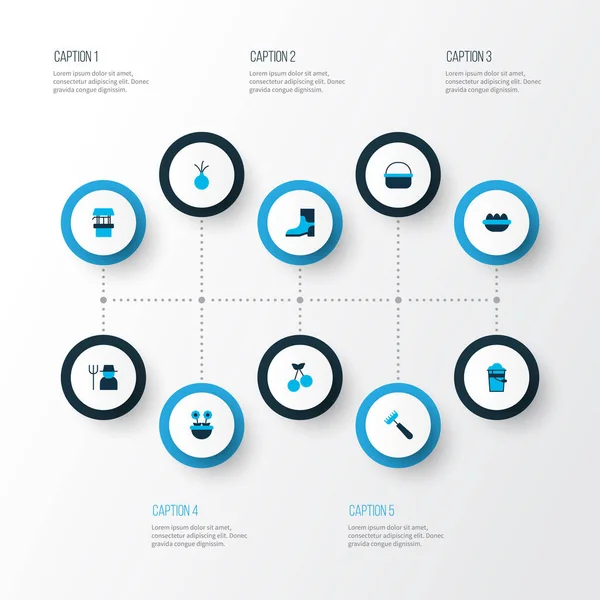 Farm ikonok színes készlet sorsolás jól, gumi cipő, cseresznye és egyéb vödör elemek. Izolált illusztráció a gazdaság ikonjai. — Stock Fotó