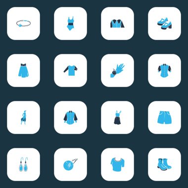 Nakış işlemeli moda tasarım ikonları, püriten tasma, yüksek bel şort ve diğer giysi elementleri. İzole vektör illüstrasyon moda ikonları.