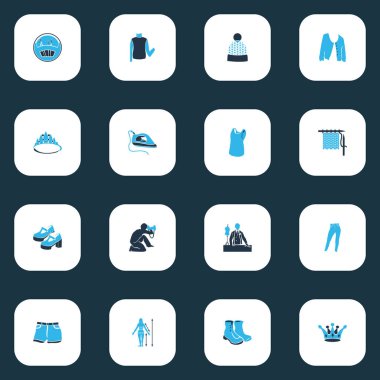 Diadem, yüksek önyargı, platform ayakkabıları ve diğer bereli elementlerle renklendirilmiş simgeler. İzole vektör illüstrasyon biçimi simgeleri.