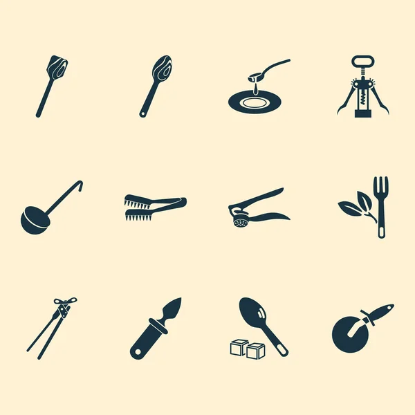 Conjunto de iconos de cubiertos con cuchara de madera, cuchillo de ostra, espátula de madera y otros elementos de cucharadita. Iconos de ilustración vectorial aislado cubiertos. — Archivo Imágenes Vectoriales