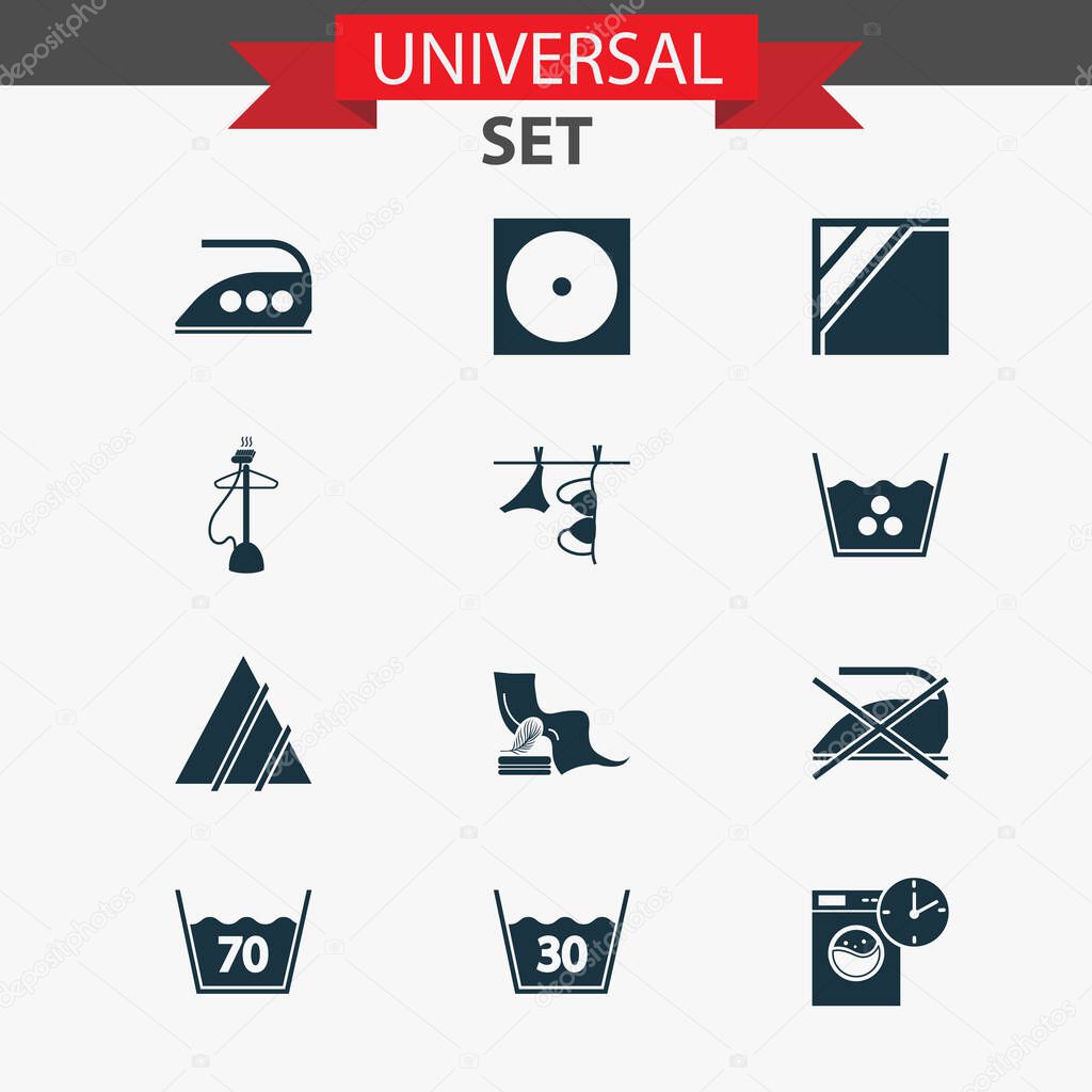 Clothes icons set with non-chlorine bleach, delicate fabric, dry in the shade and other water temperature 70 elements. Isolated vector illustration clothes icons.