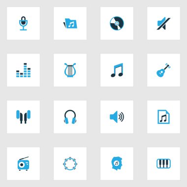 Enstrüman, oktav, CD ve diğer müzik severler ile renklendirilmiş ses simgeleri. İzole edilmiş illüstrasyon ses simgeleri.