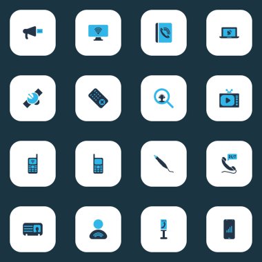 İletişim simgeleri erkek kartı, arama hareket memuru, uydu ve diğer destek elemanları ile renklendirildi. İzole illüstrasyon iletişim simgeleri.