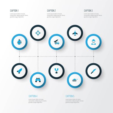 Savaş ikonları zırhlı araç, düzen, kesici ve diğer dürbün elementleriyle renklendirildi. İzole edilmiş çizim savaş simgeleri.