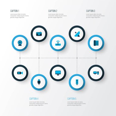 Hoparlör, bilgisayar, sputnik anten ve diğer kablo elementleriyle donanım simgeleri. İzole vektör illüstrasyon donanım simgeleri.