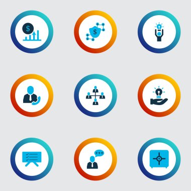 Görev simgeleri çağrı çalışanı, yorumlar, takım yapısı ve diğer parlak fikir unsurlarıyla birlikte ayarlandı. İzole vektör çizim simgeleri.