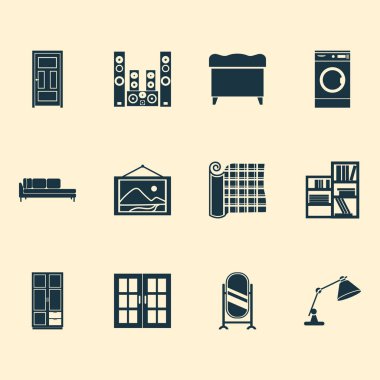 İç simgeler, kapı, masa lambası, ses sistemi ve diğer kaplama elementleriyle kurulmuş. İzole vektör illüstrasyon iç simgeleri.