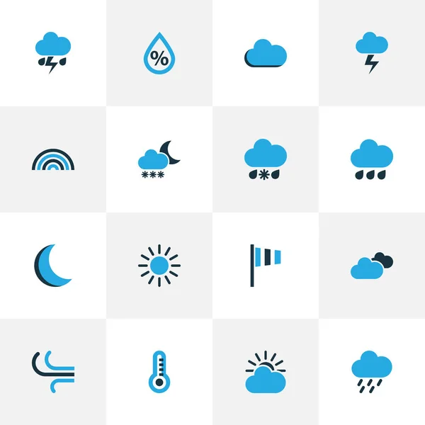 Iconos meteorológicos coloreados con luna, nevadas, llovizna y otros elementos de tormenta. Iconos de tiempo de ilustración vectorial aislado. — Vector de stock
