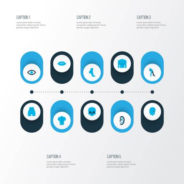 Sırt, kafatası, kafa ve diğer ağız elementleriyle renklendirilmiş simgeler. İzole edilmiş illüstrasyon bölümü simgeleri.