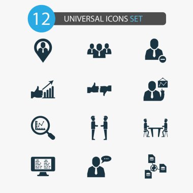 Ekip çalışması simgeleri, çalışan konuşmaları, çevrimiçi görev tahtası, ekipten ve diğer büyüteçlerden çıkarılacak. İzole edilmiş illüstrasyon takım çalışması simgeleri.