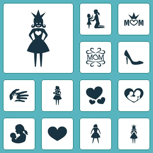 Mothers day icon design concept. Set di 12 elementi come cuore, anima e principessa. Bellissimi simboli per la madre, la cura e il cuore. — Foto Stock