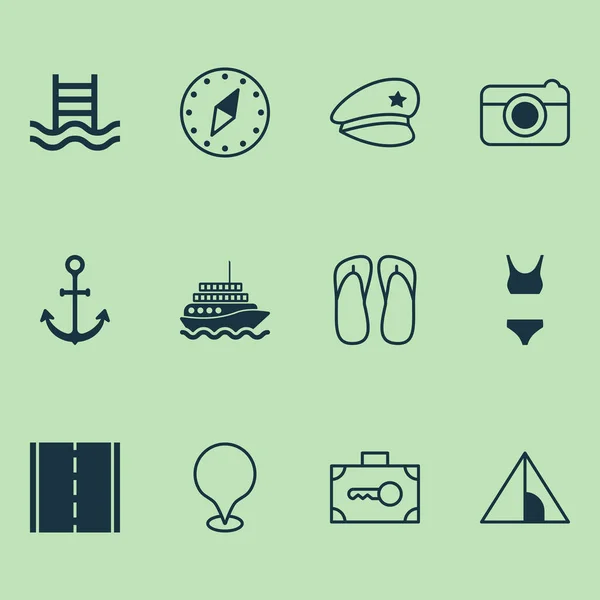 Iconos de viaje con barco a motor, carretera, piscina y otros elementos de dirección cardinal. Iconos de viaje de ilustración aislada. —  Fotos de Stock